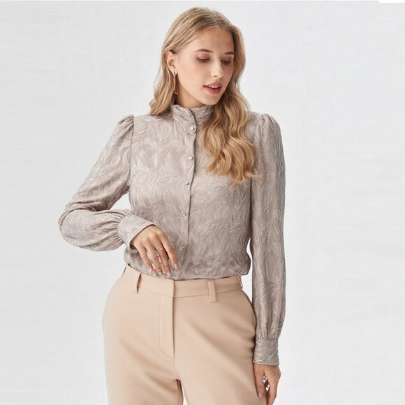 Vintage Susan Van Heusen Silky Jacquard Blouse High Neck Ruffled Arm Silky 80s - Picture 1 of 13